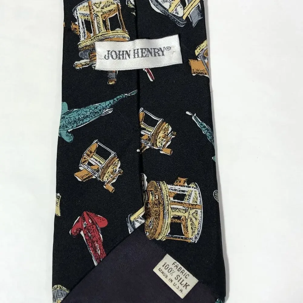 Fishing Silk Neck Tie USA Navy Blue Lures and Reels Red Tan Vintage Outdoors